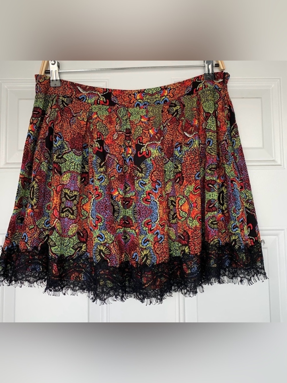 Olsenboye Multicolor Patterned Mini Skirt with Black Lace Hem